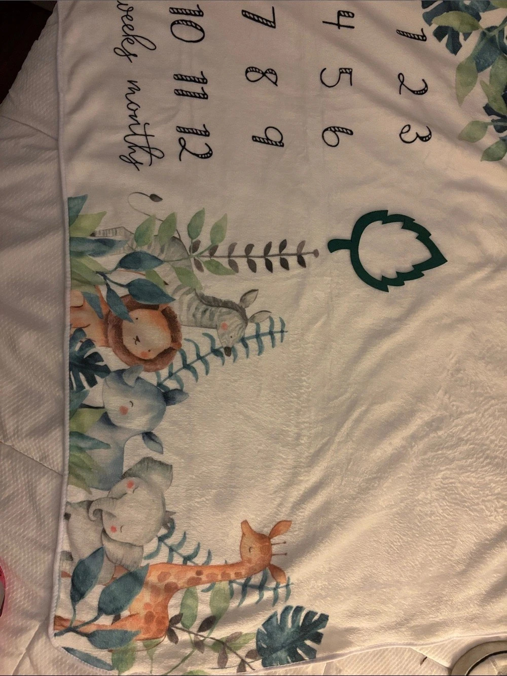 Baby month blanket white  & Green Jungle Animal blanket